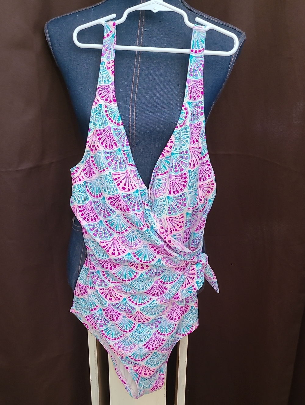Wrap-Front One-Piece Swimsuit in Pink & Aqua